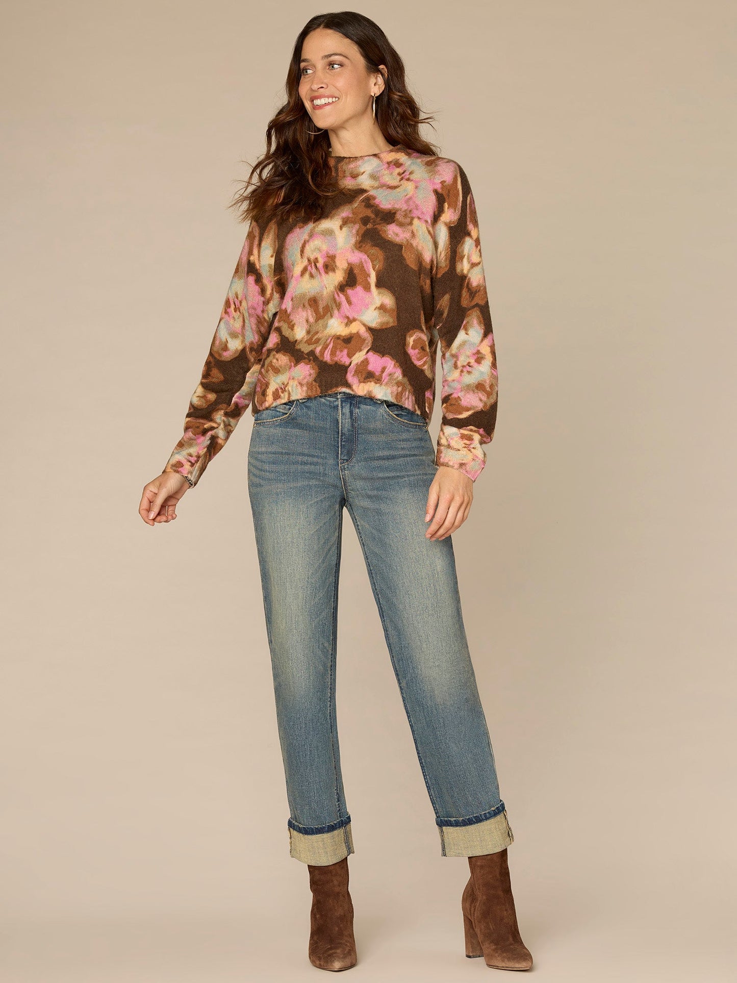 Long Ruched Sleeve Mock Neck Abstract Floral Print Petite Sweater