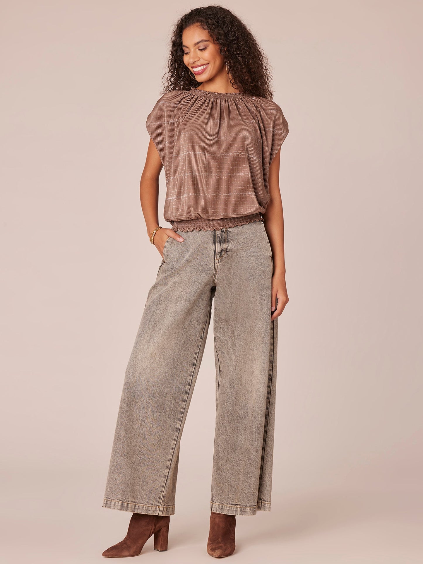 Extended Cap Sleeve Smock Crew Neck Striped Foil Bodre Knit Top