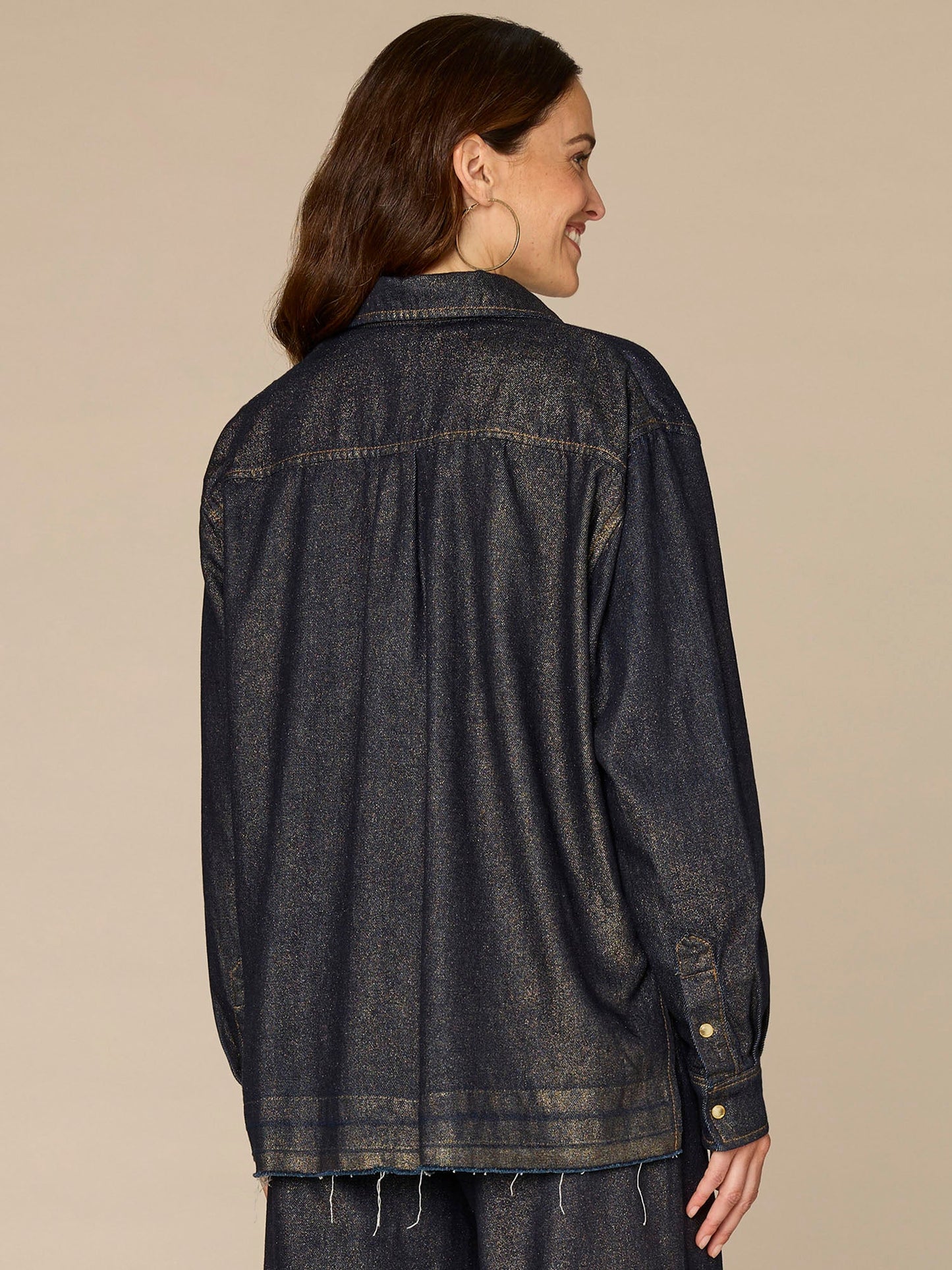 Long Sleeve Snap Button Release Hem Denim Shacket with Patch Pocket