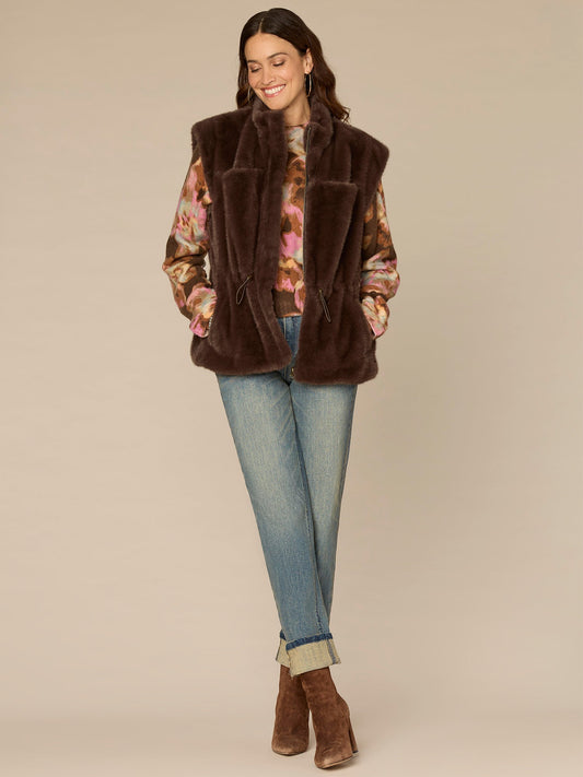 Cap Sleeve Funnel Neck Zip Front Woven Vest with Toggle Waist Ties