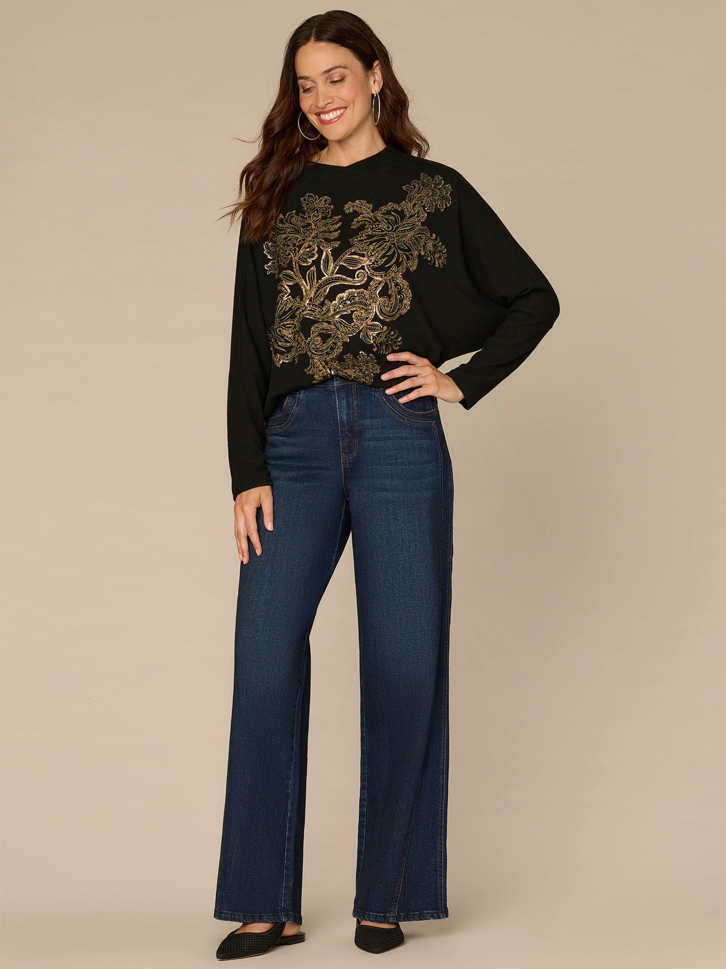 Batwing Sleeve Surplus Neck Fog Foil Screen Print Plus Size Knit Top