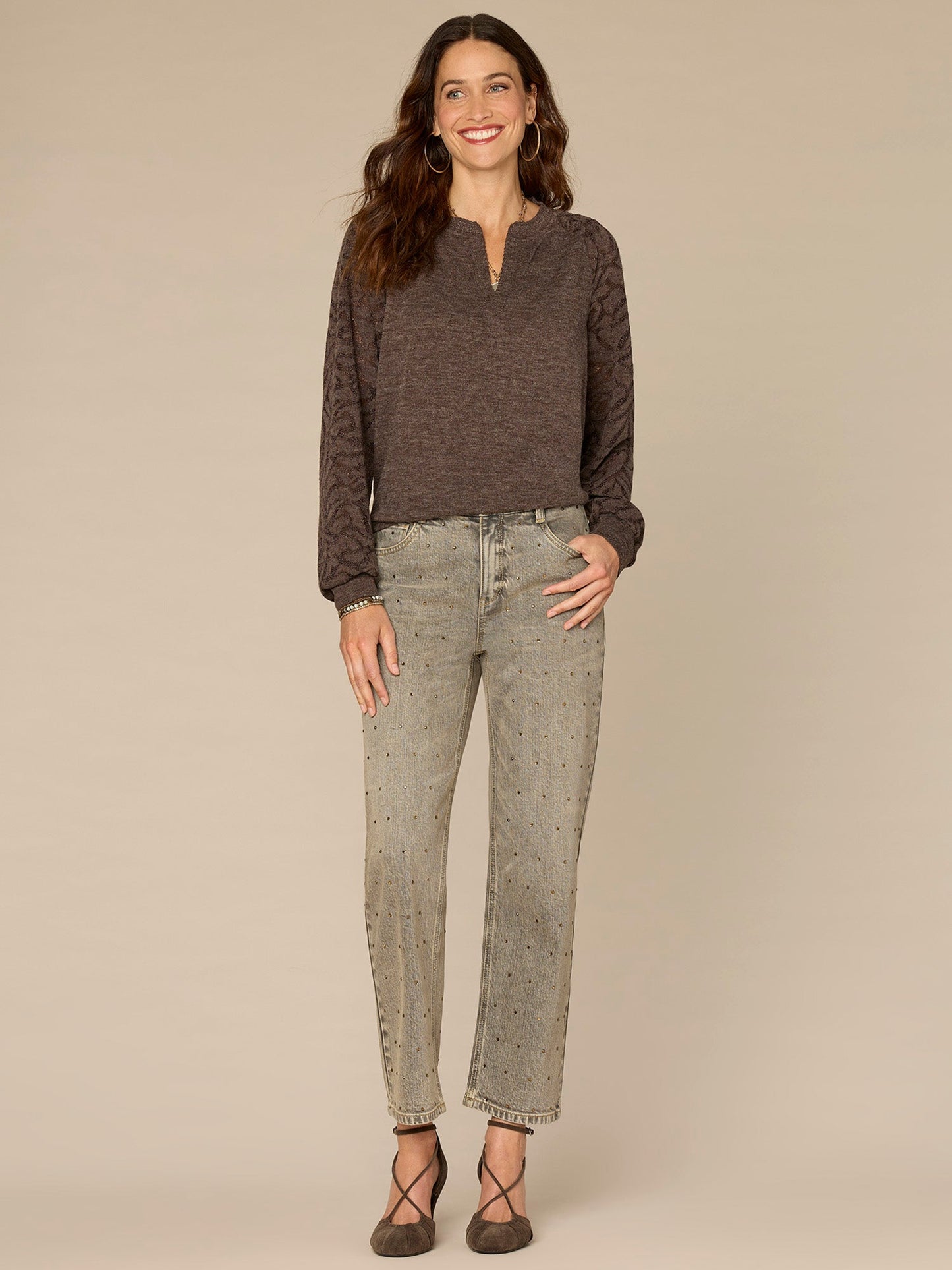 Long Blouson Sleeve Mandarin Collar Mixed Media Plus Size Knit Top