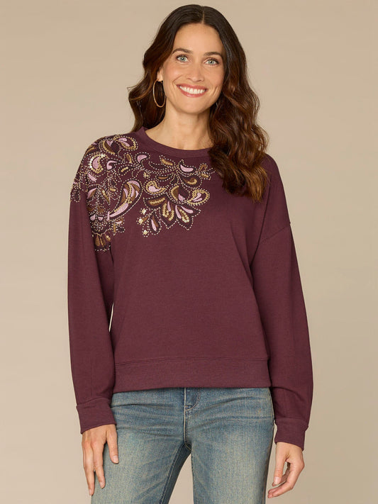 Long Sleeve Crew Neck Beaded Petite Knit Sweatshirt
