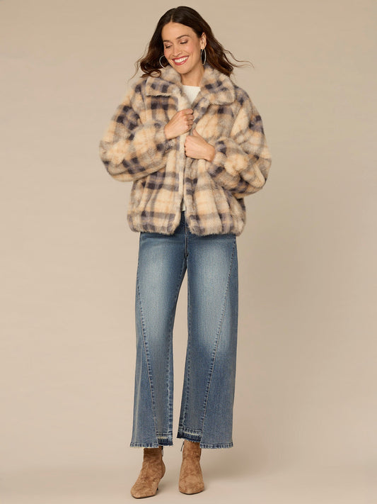 Blouson Sleeve Collared Button Front Plaid Woven Faux Fur Jacket
