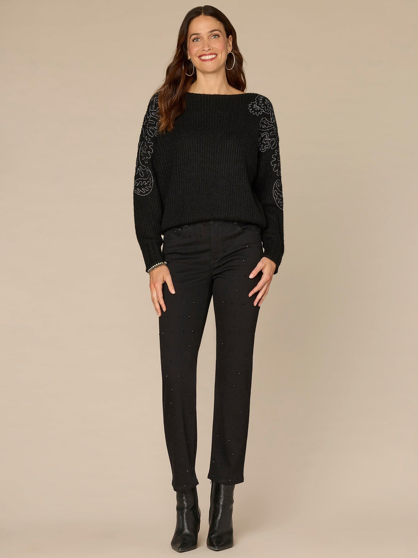 Long Sleeve Boat Neck Embroidered Shoulder Petite Pull Over Sweater