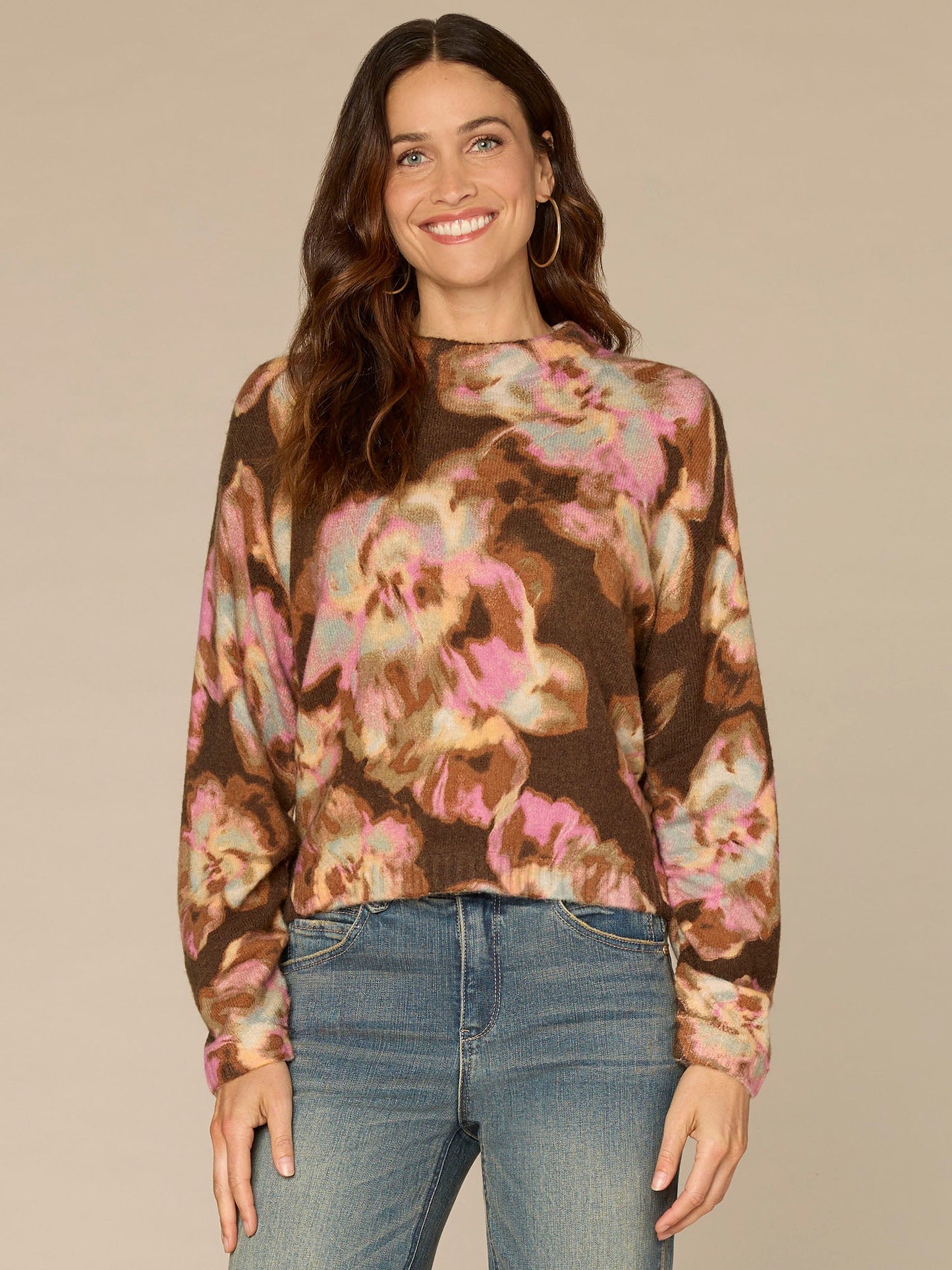 Long Ruched Sleeve Round Mock Neck Abstract Floral Print Sweater