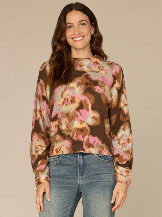Long Ruched Sleeve Mock Neck Abstract Floral Print Petite Sweater
