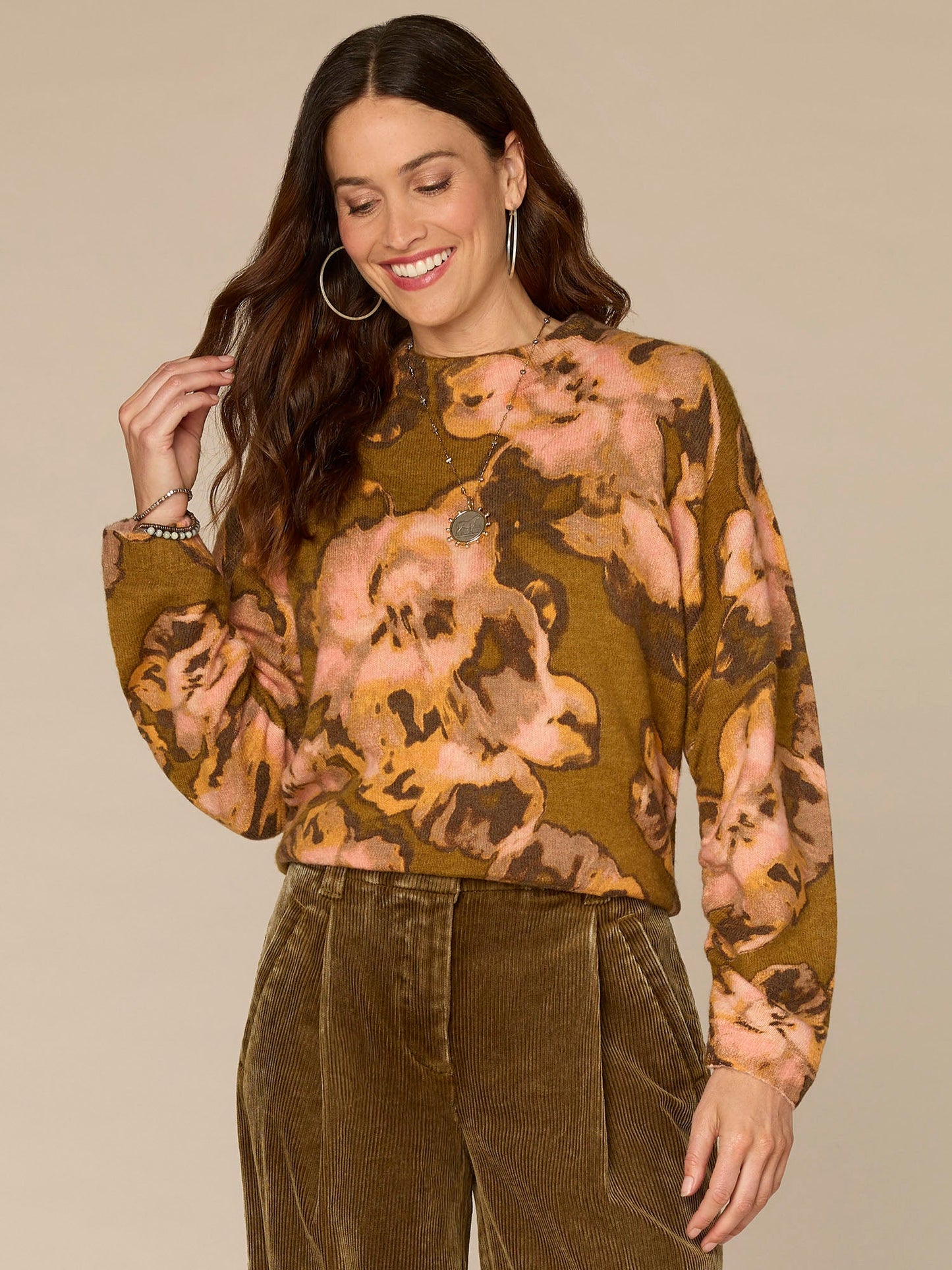 Long Ruched Sleeve Round Mock Neck Abstract Floral Print Sweater
