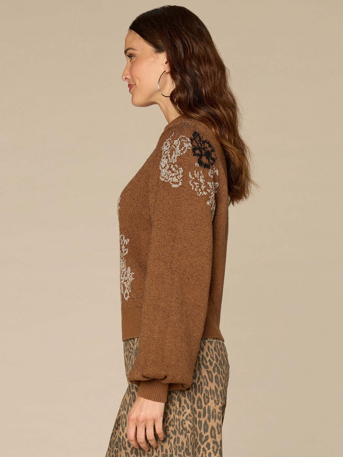 Long Blouson Sleeve Mock Neck Placement Floral Jacquard Sweater