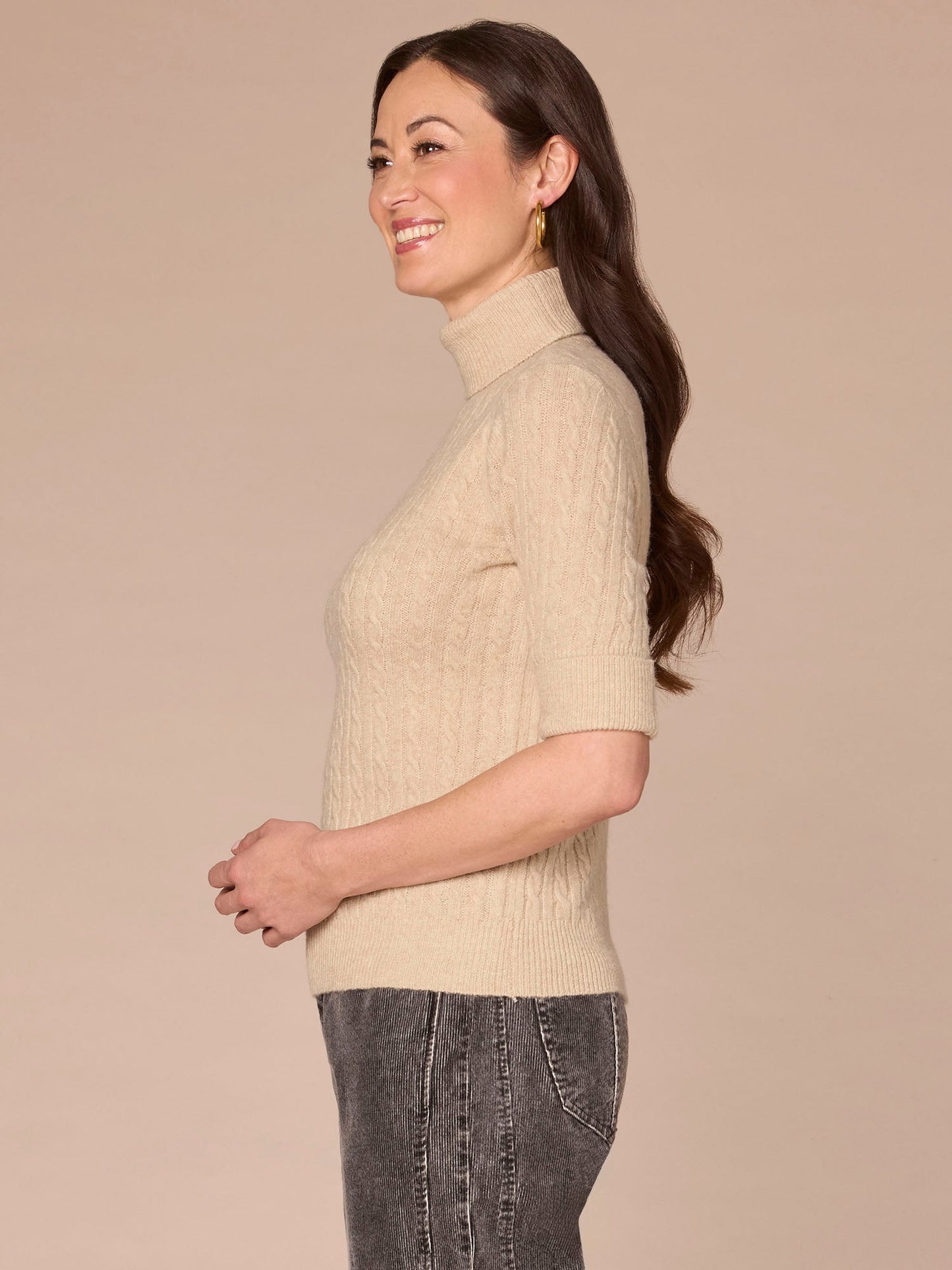 Cuffed Elbow Sleeve Turtle Neck Cable Stitch Mix Sweater