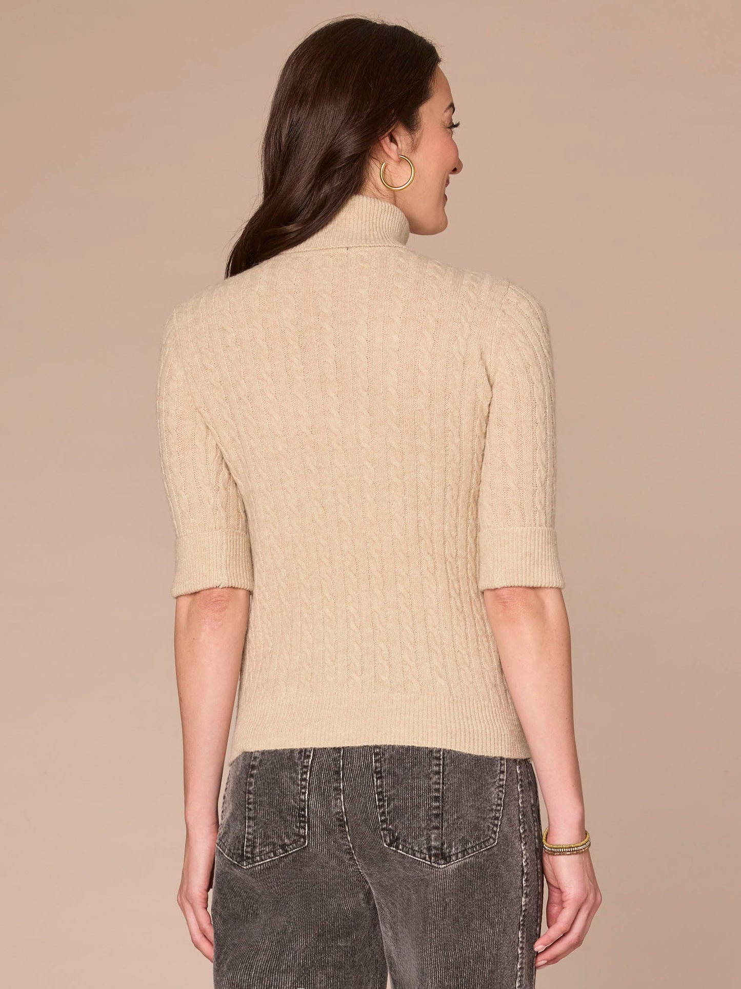 Cuffed Elbow Sleeve Turtle Neck Cable Stitch Mix Sweater