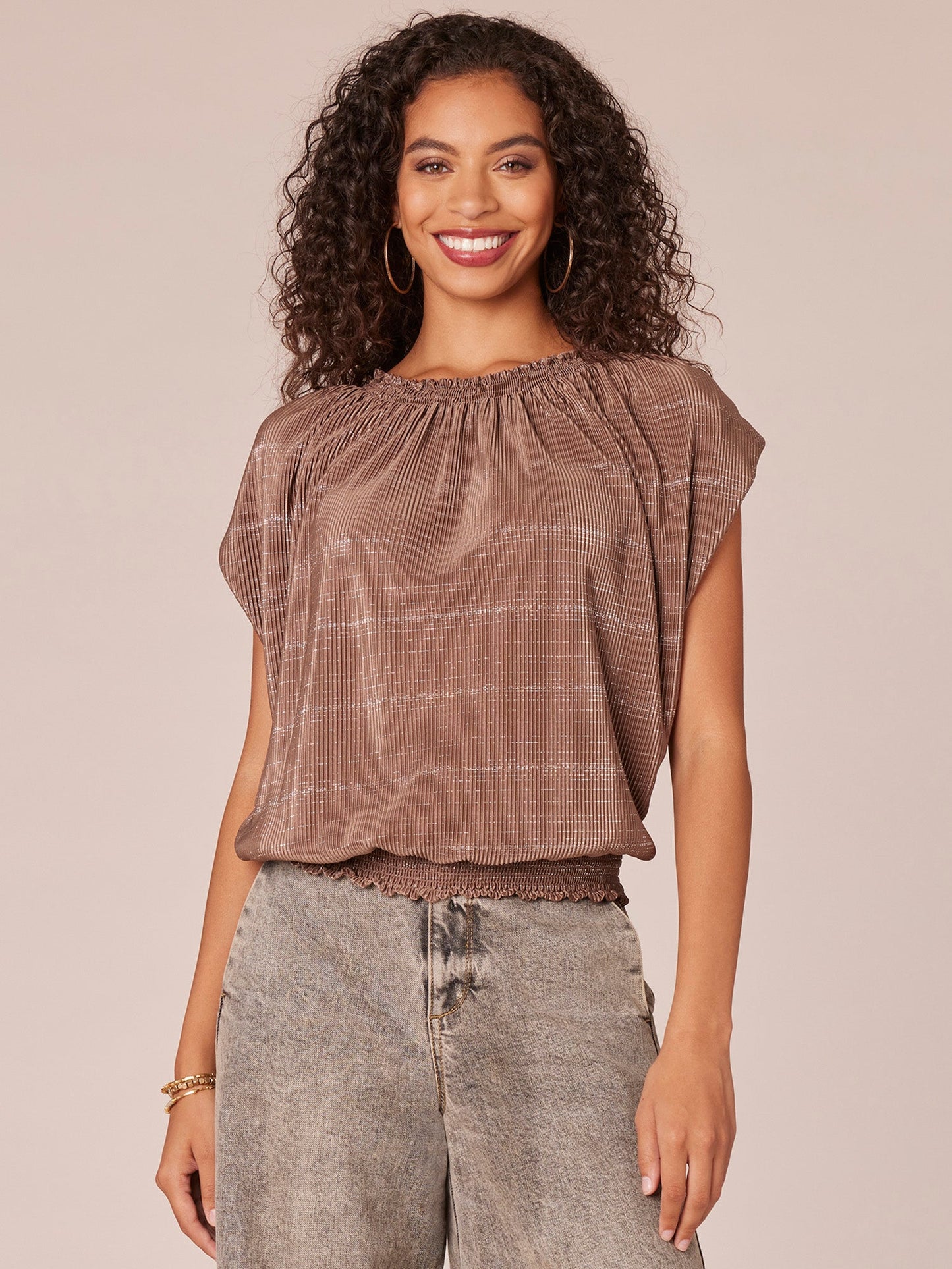 Extended Cap Sleeve Smock Crew Neck Striped Foil Bodre Knit Top