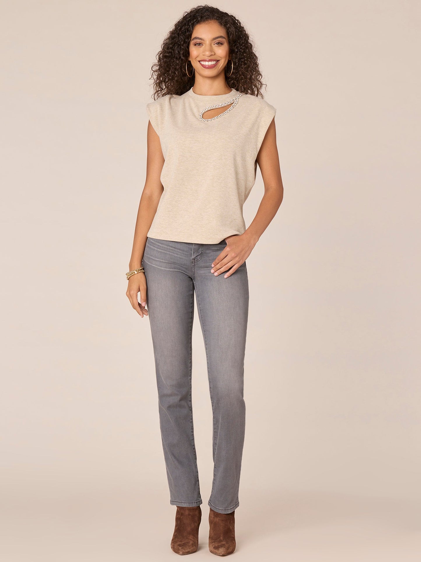 Extended Cap Sleeve Crew Neck Knit Top with Rhinestone Cut Out