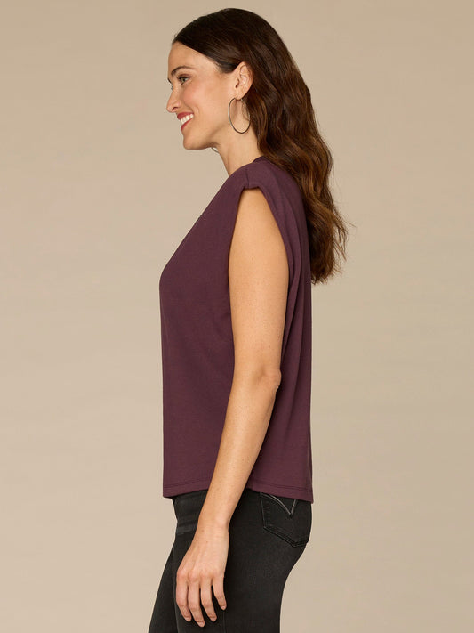 Extended Cap Sleeve Crew Neck Knit Top with Rhinestone Cut Out