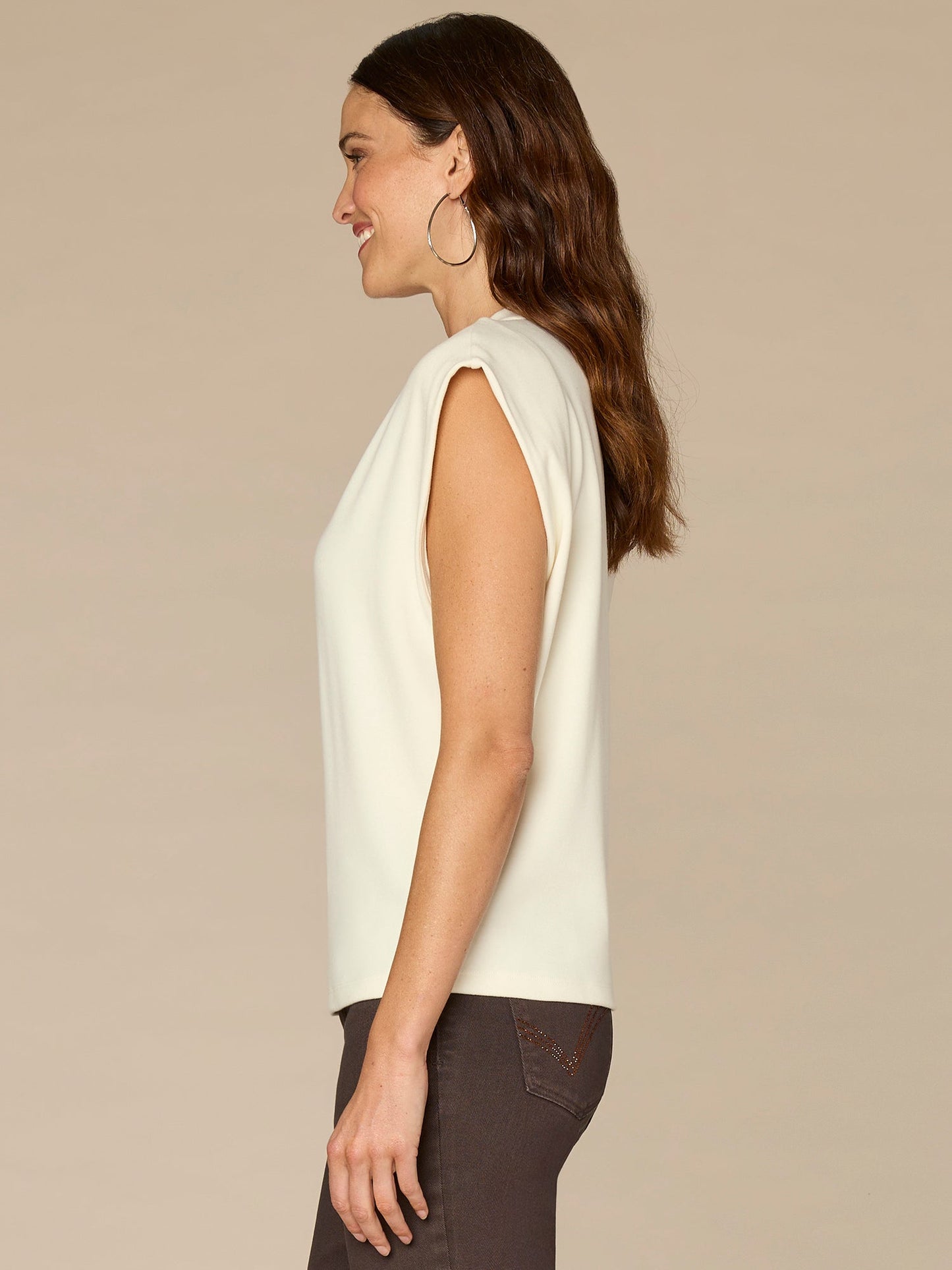 Extended Cap Sleeve Crew Neck Knit Top with Rhinestone Cut Out