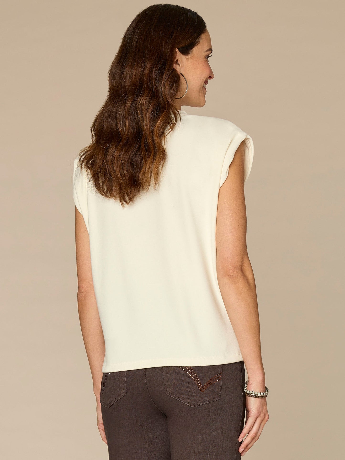 Extended Cap Sleeve Crew Neck Petite Knit Top with Rhinestone Cut Out