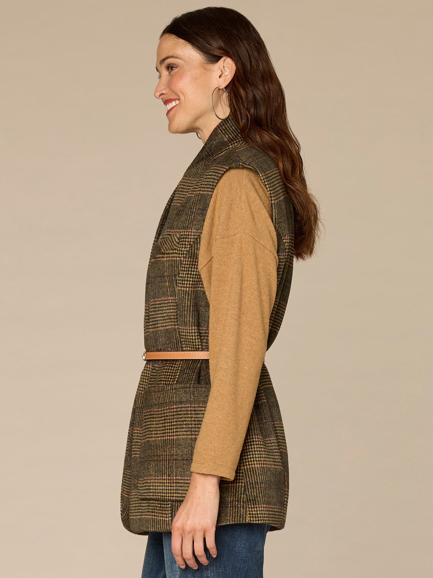 Cap Sleeve Stand Collar Button Front Elongated Woven Vest with Belt