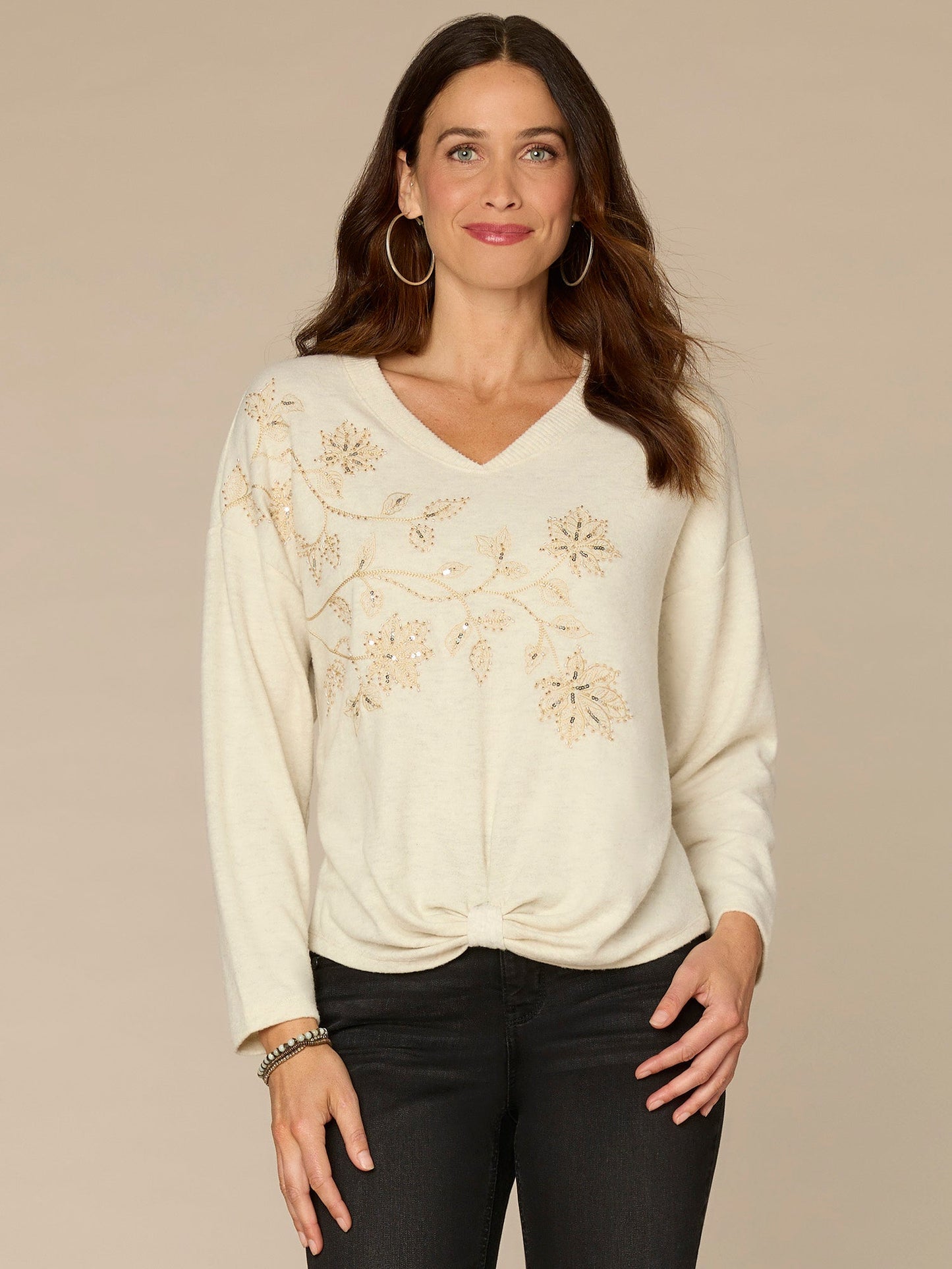 Long Sleeve V-Neck Knot Hem Knit Top with Beaded Floral Embroidery