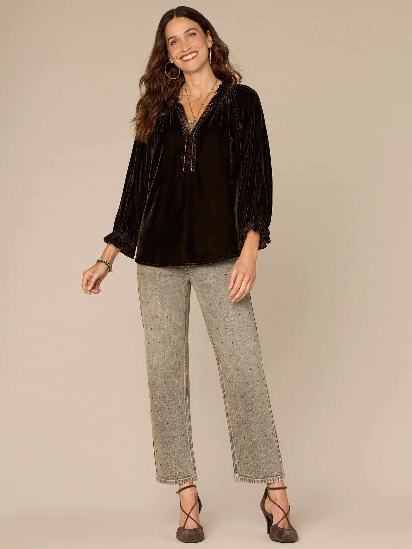 Three Quarter Blouson Sleeve Ruffle V-Neck Embroidered Woven Top