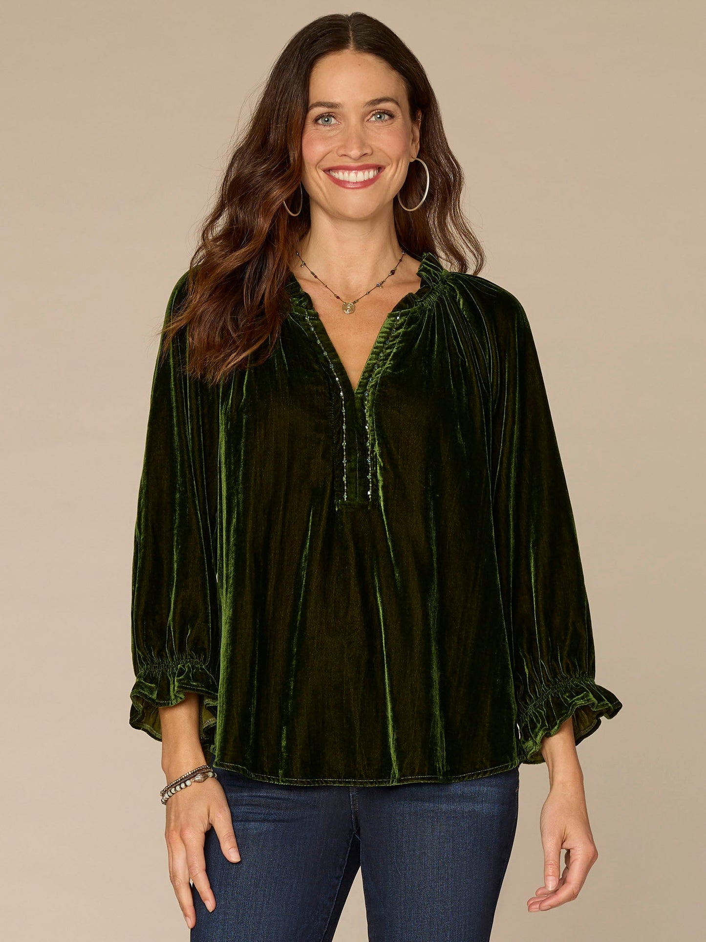 Three Quarter Blouson Sleeve Ruffle V-Neck Embroidered Woven Top