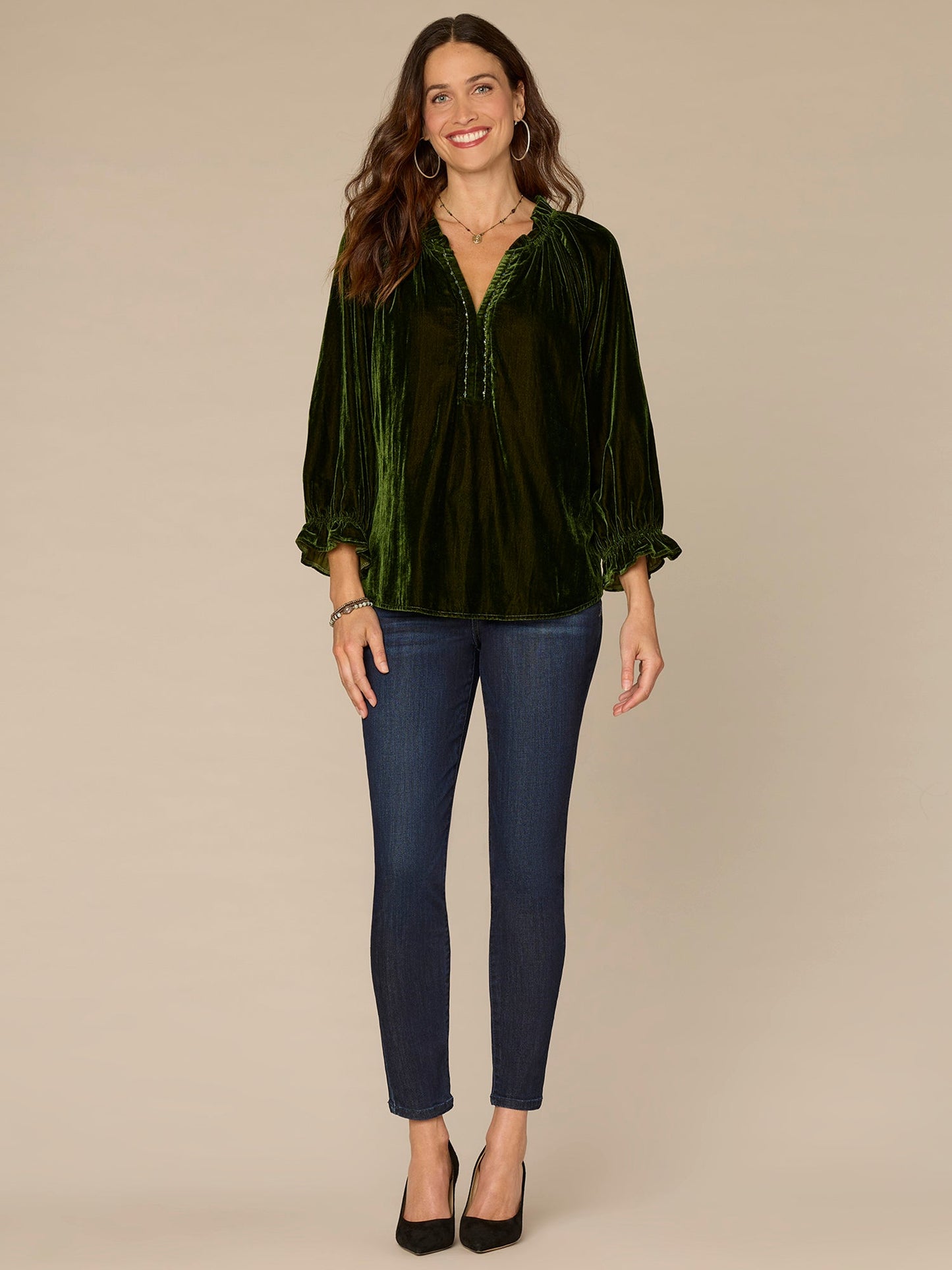 Three Quarter Blouson Sleeve V-Neck Embroidered Petite Woven Top