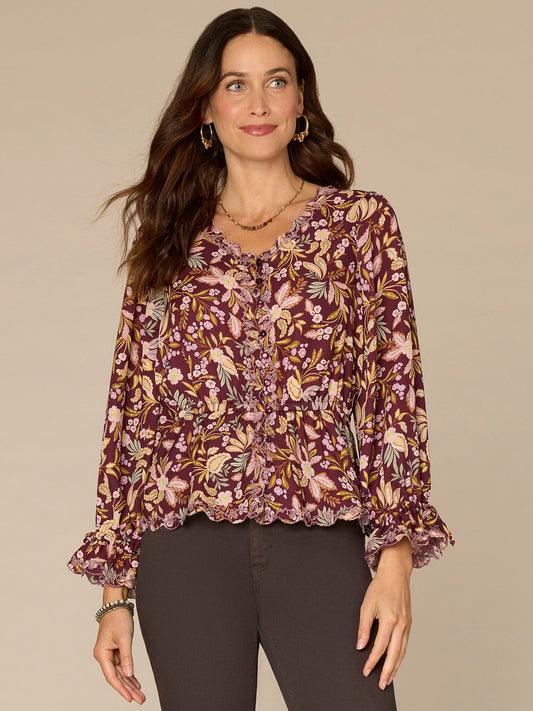 Long Tie Sleeve V-Neck Printed Woven Top with Scallop Edge Embroidery