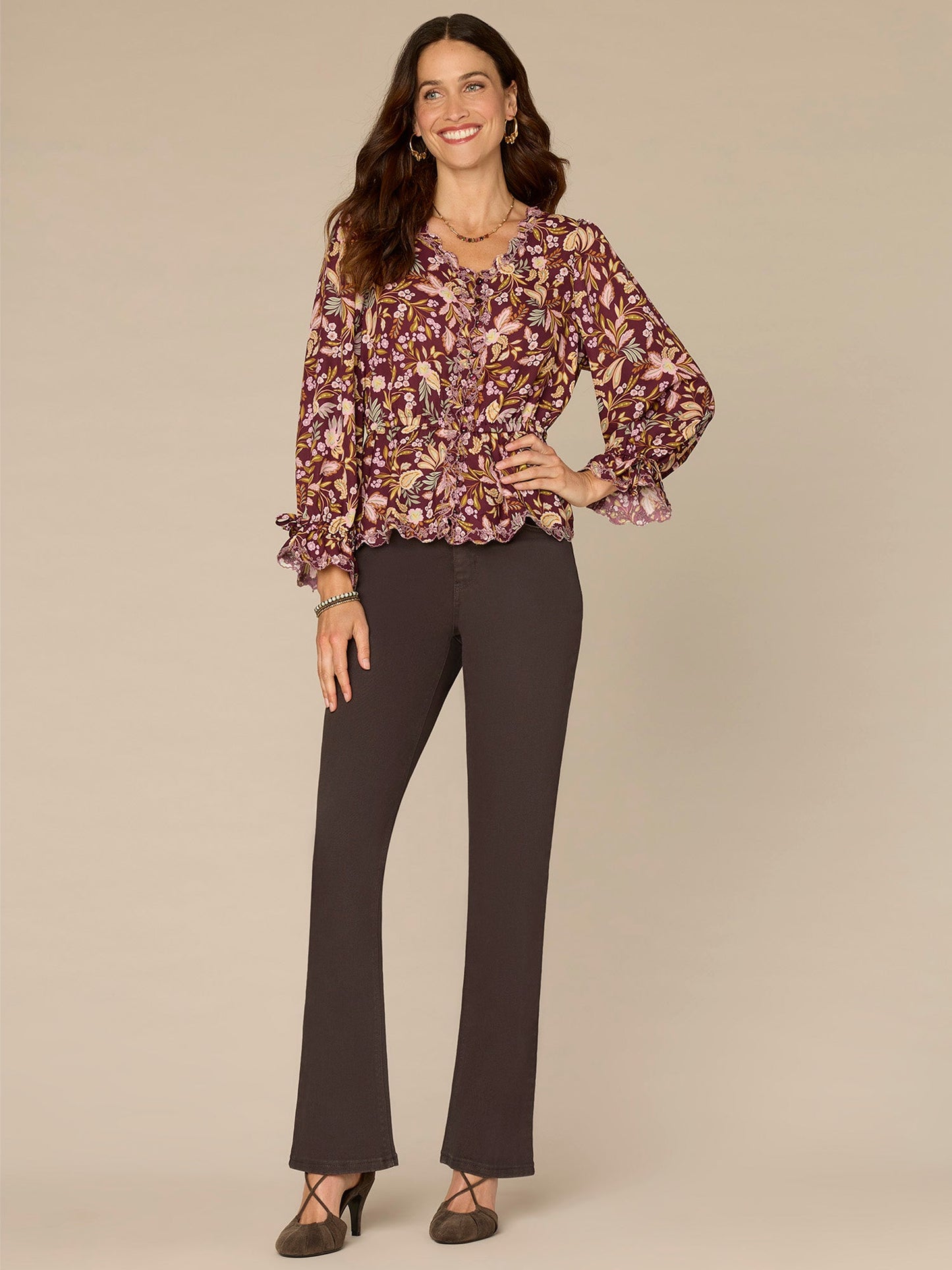 Long Sleeve V-Neck Scallop Edge Floral Print Petite Woven Top