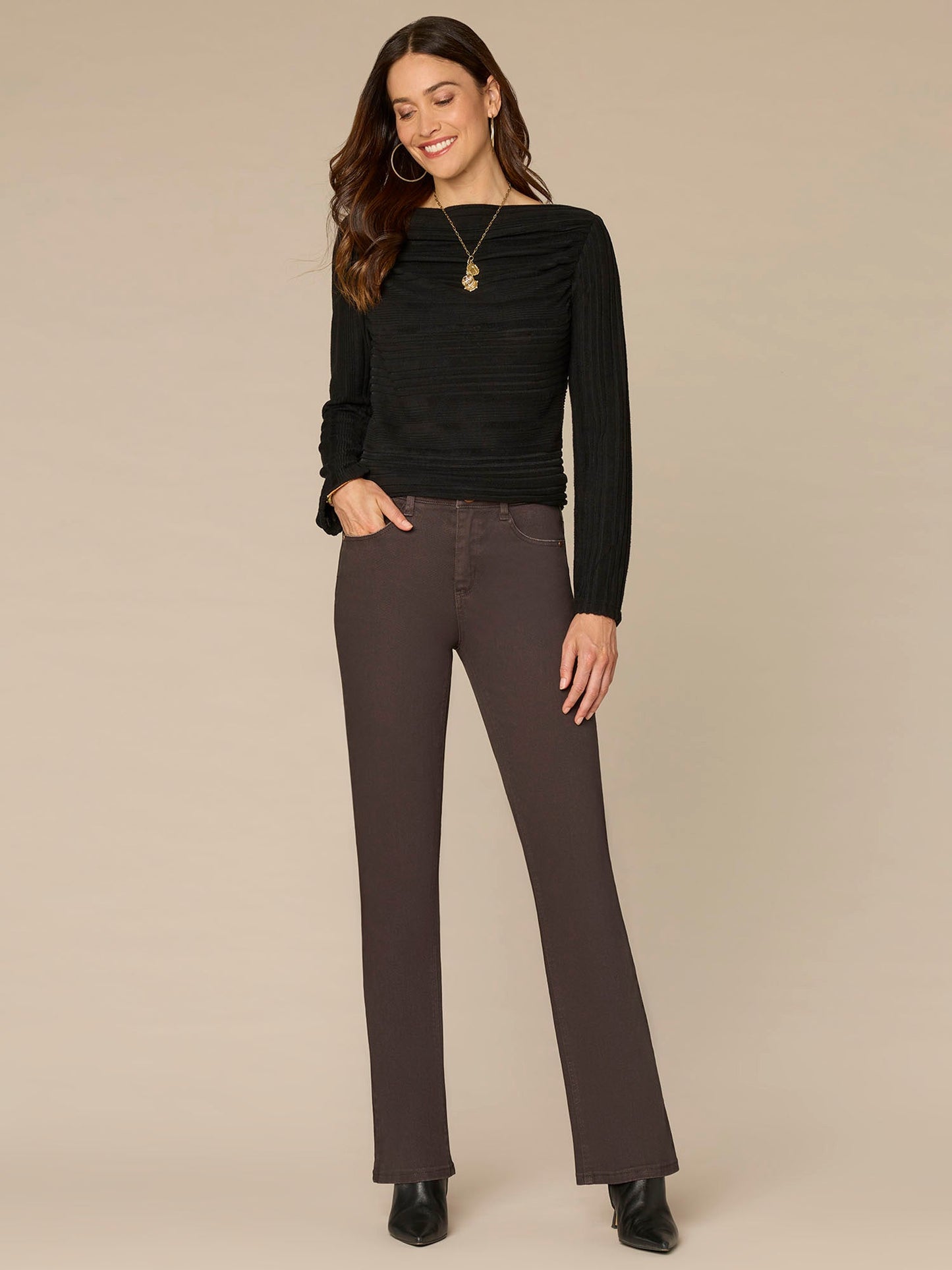 Long Sleeve Drapey Boat Neck Shirttail Hem Knit Top