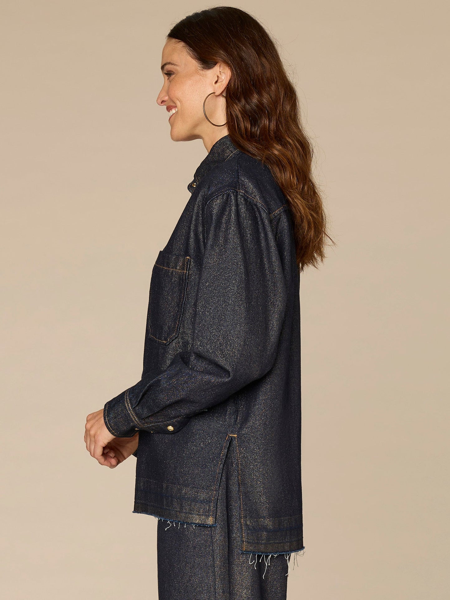 Long Sleeve Snap Button Release Hem Denim Shacket with Patch Pocket