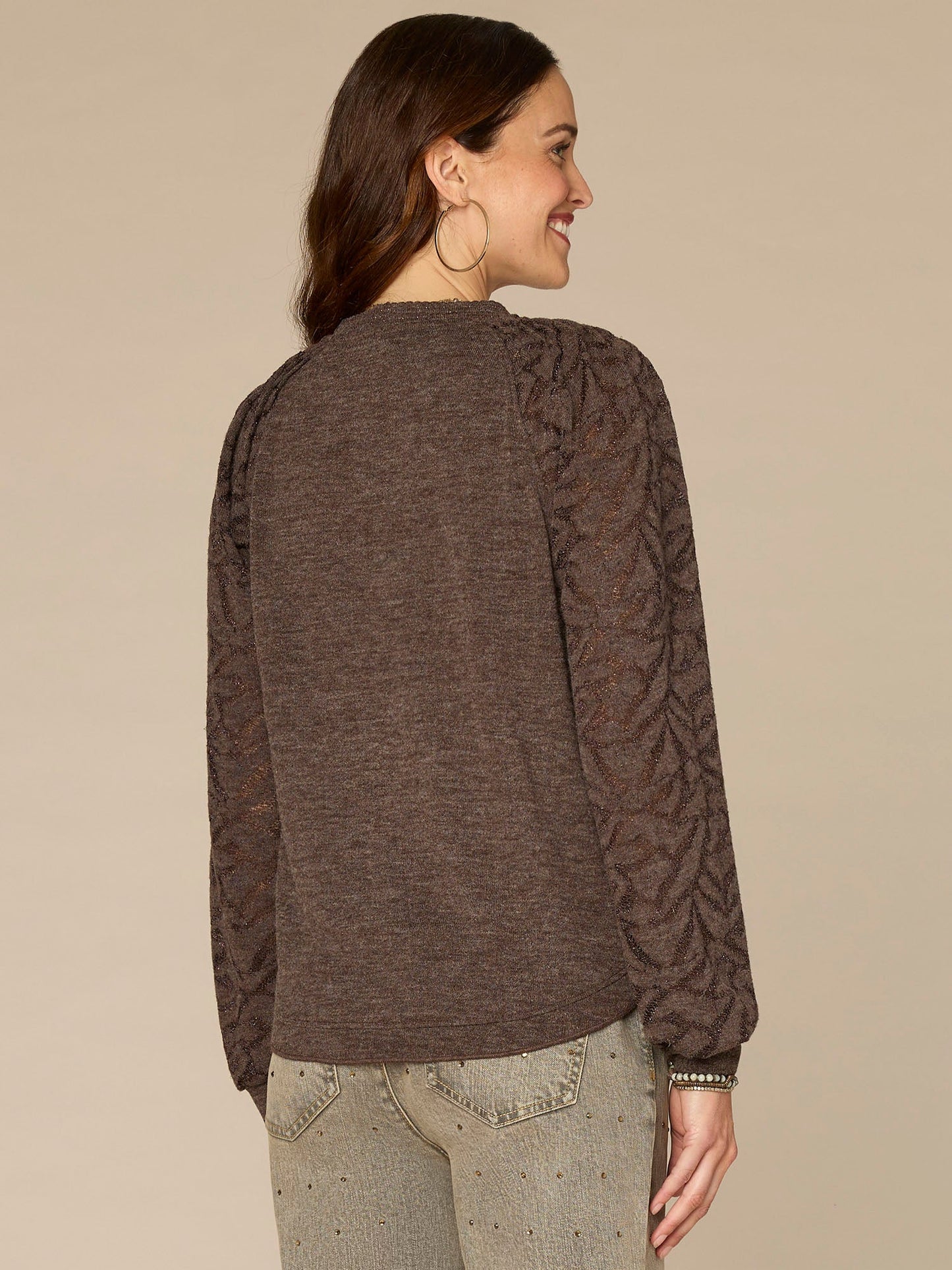 Long Sleeve Mandarin Collar Half Placket Mixed Media Petite Knit Top