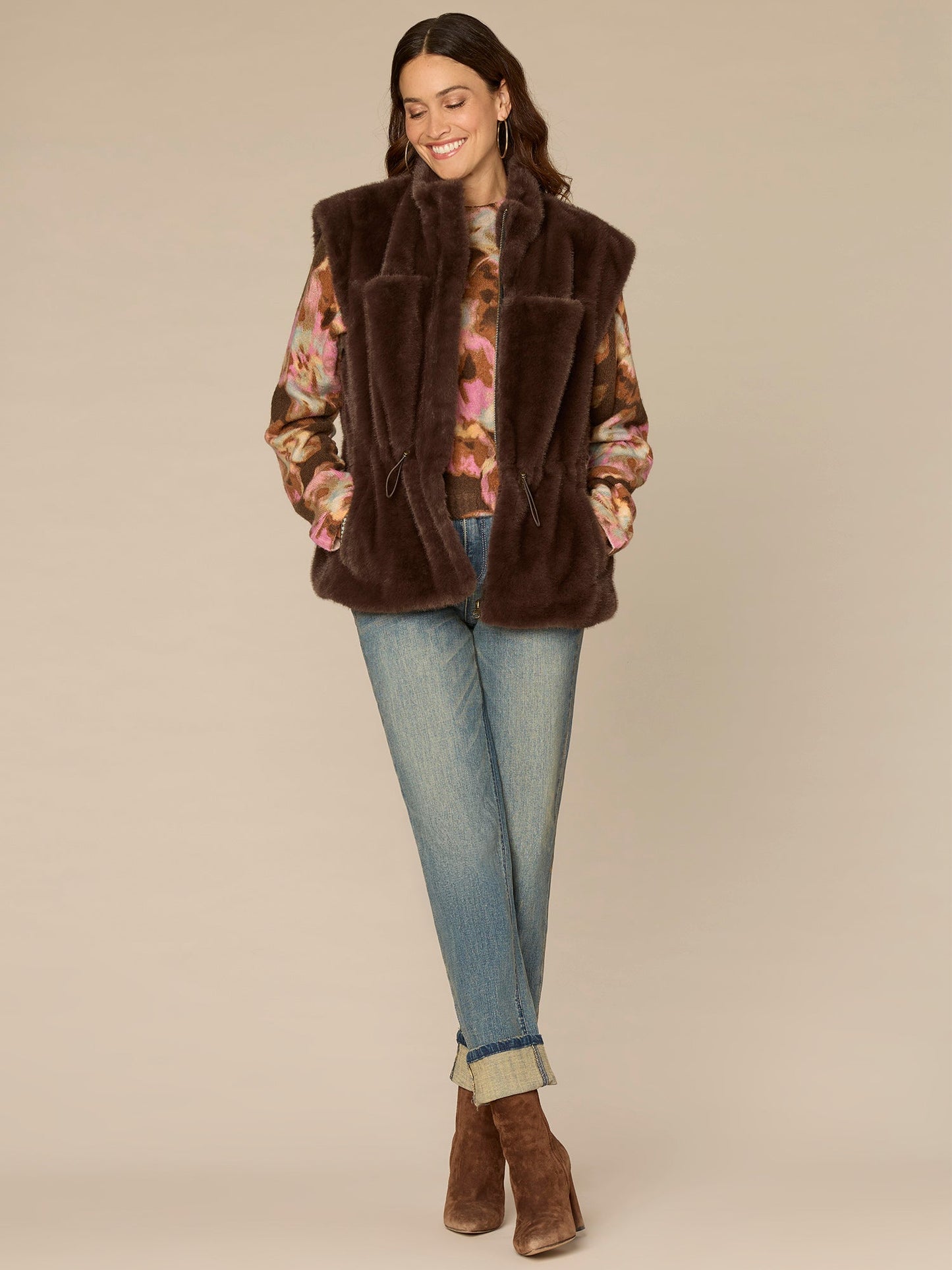 Cap Sleeve Funnel Neck Zip Front Woven Vest with Toggle Waist Ties