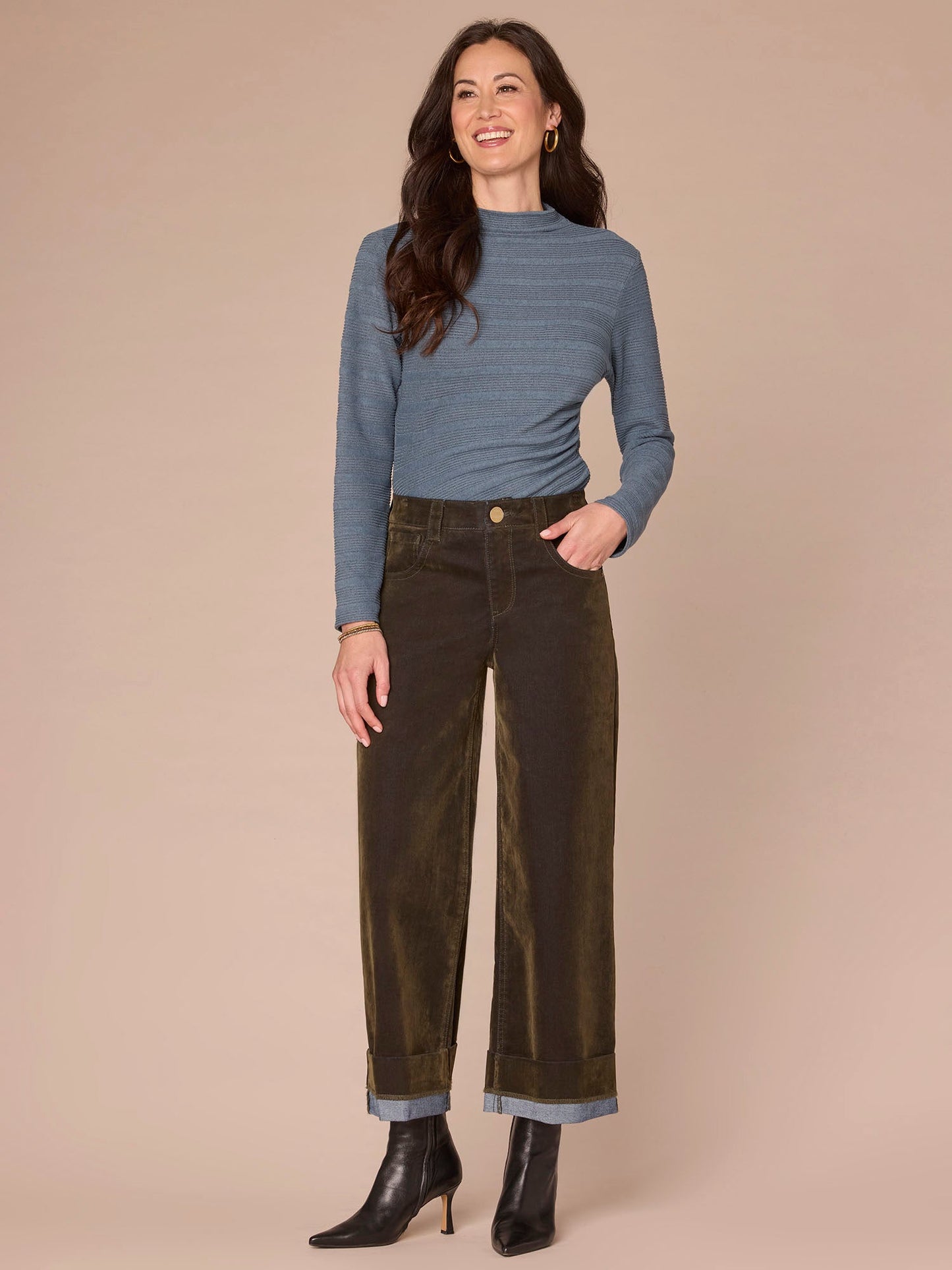 Long Sleeve Mock Neck Asymmetrical Side Ruching Petite Knit Top