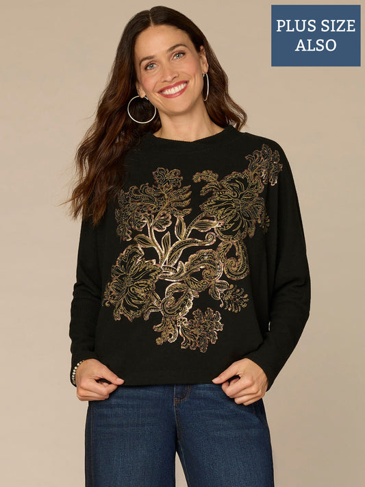 Batwing Sleeve Surplus Neck Fog Foil Screen Print Plus Size Knit Top