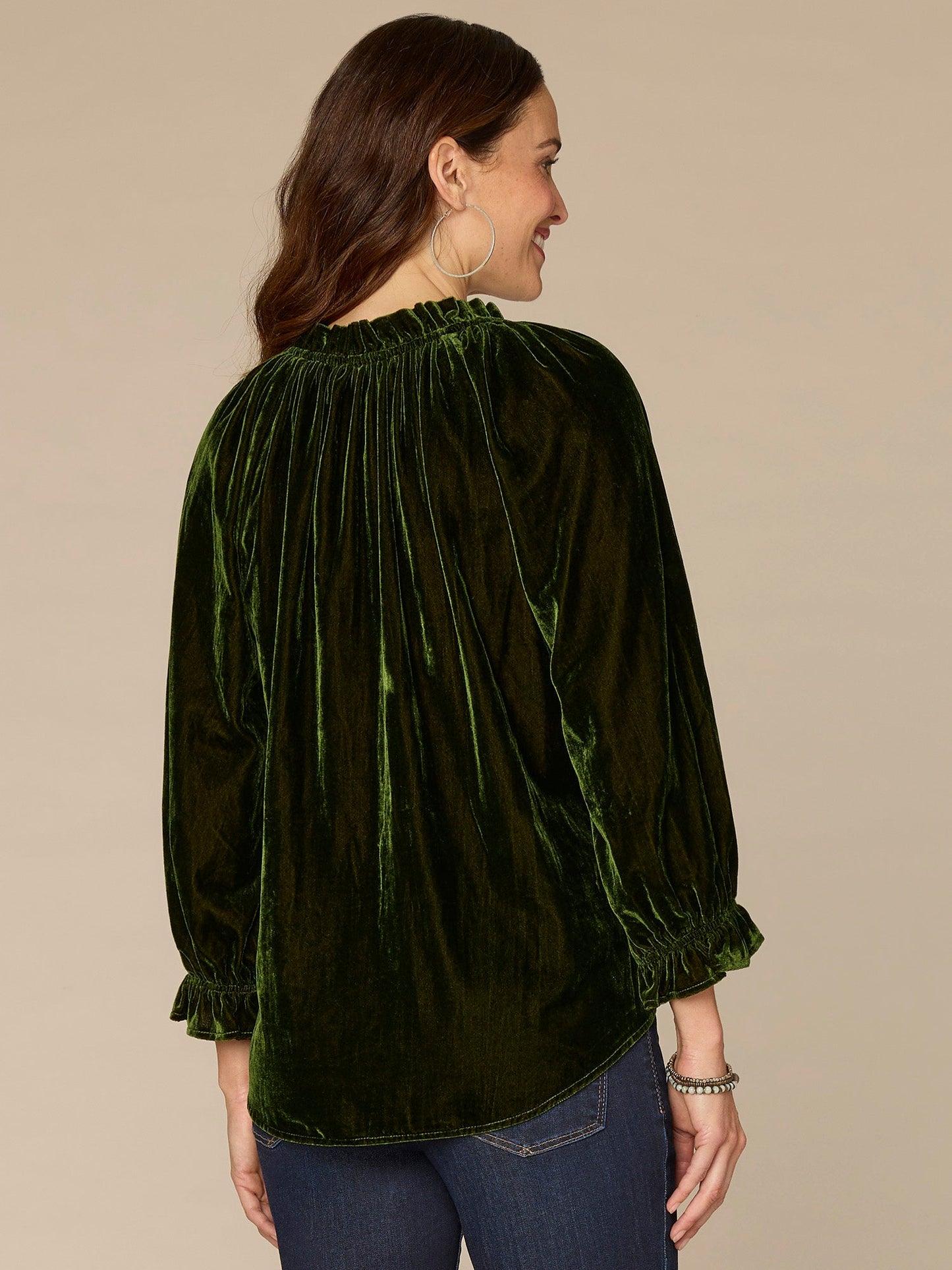 Three Quarter Blouson Sleeve V-Neck Embroidered Plus Size Woven Top