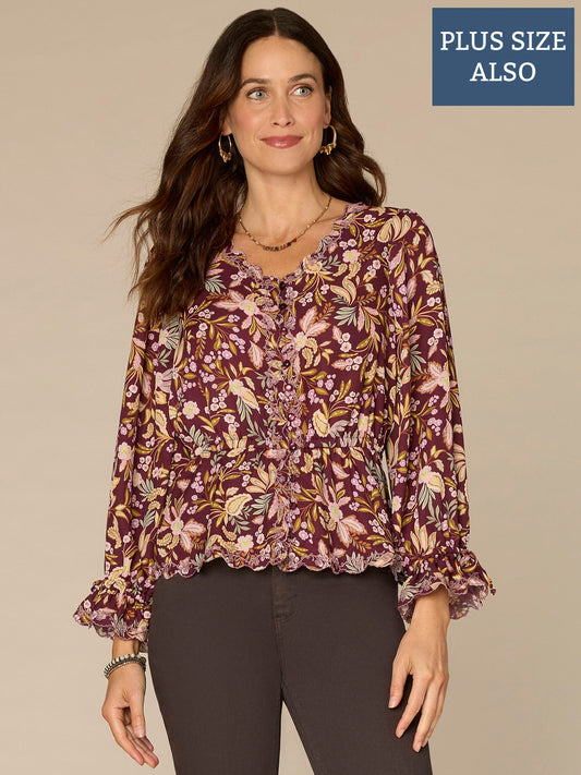 Long Sleeve V-Neck Scallop Edge Floral Print Plus Size Woven Top