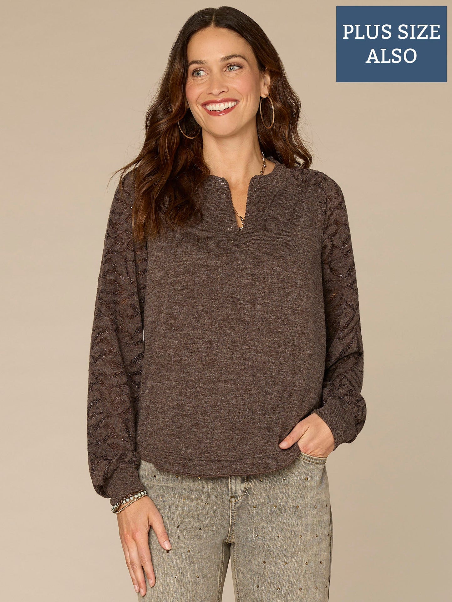 Long Blouson Sleeve Mandarin Collar Mixed Media Plus Size Knit Top