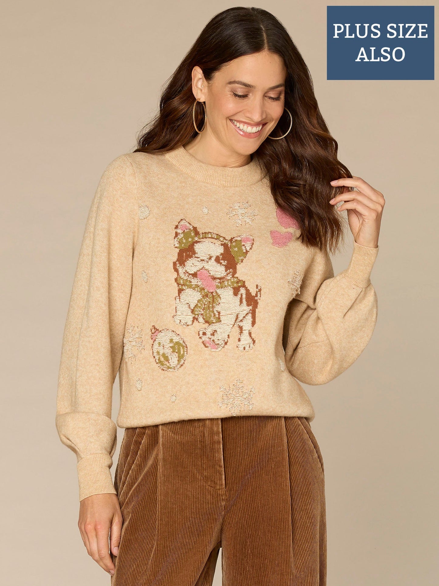 Long Sleeve High Round Neck Placement Dog Plus Size Jacquard Sweater