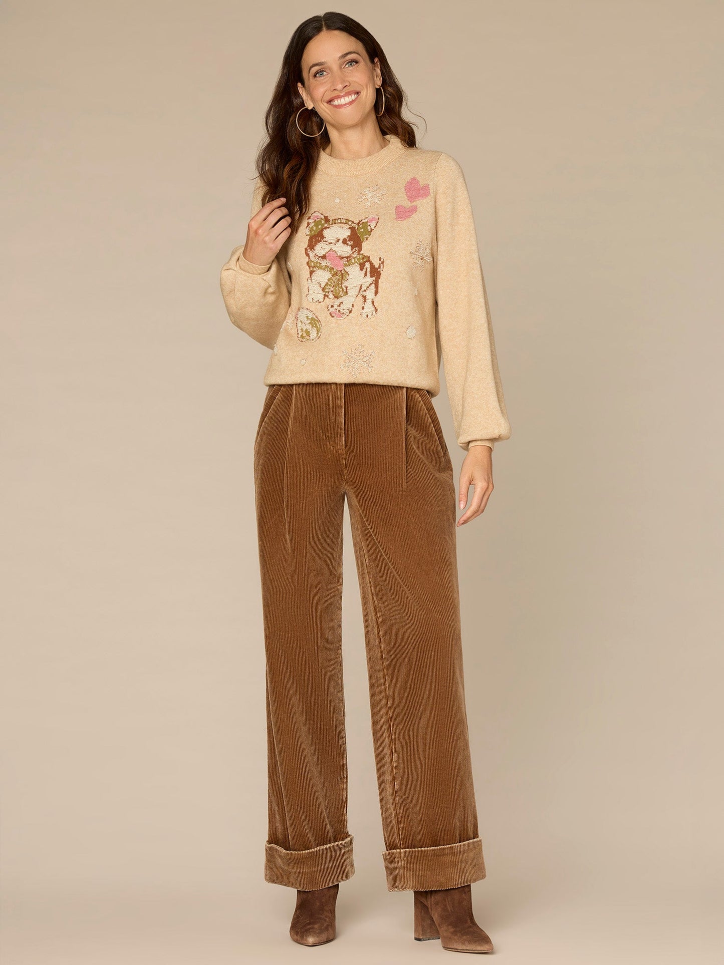 Long Sleeve High Round Neck Placement Dog Plus Size Jacquard Sweater