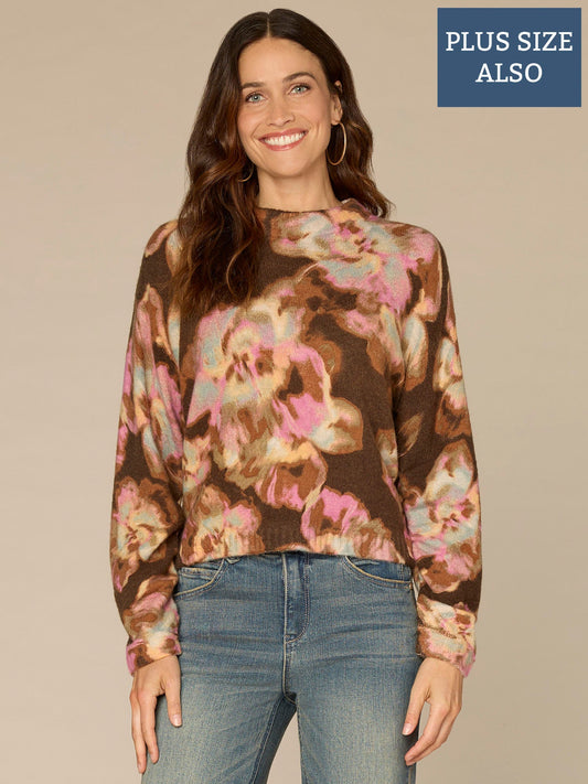 Long Ruched Sleeve Mock Neck Abstract Floral Print Plus Size Sweater