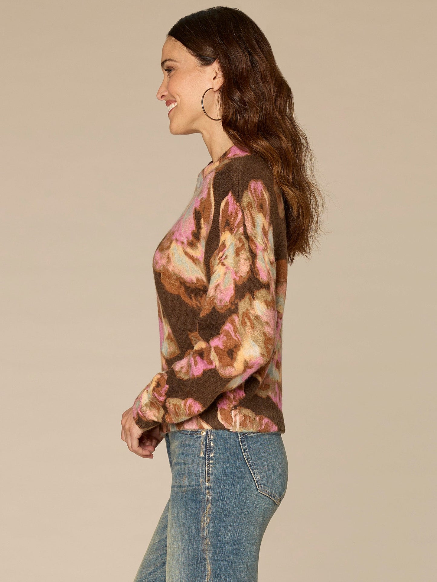 Long Ruched Sleeve Mock Neck Abstract Floral Print Plus Size Sweater
