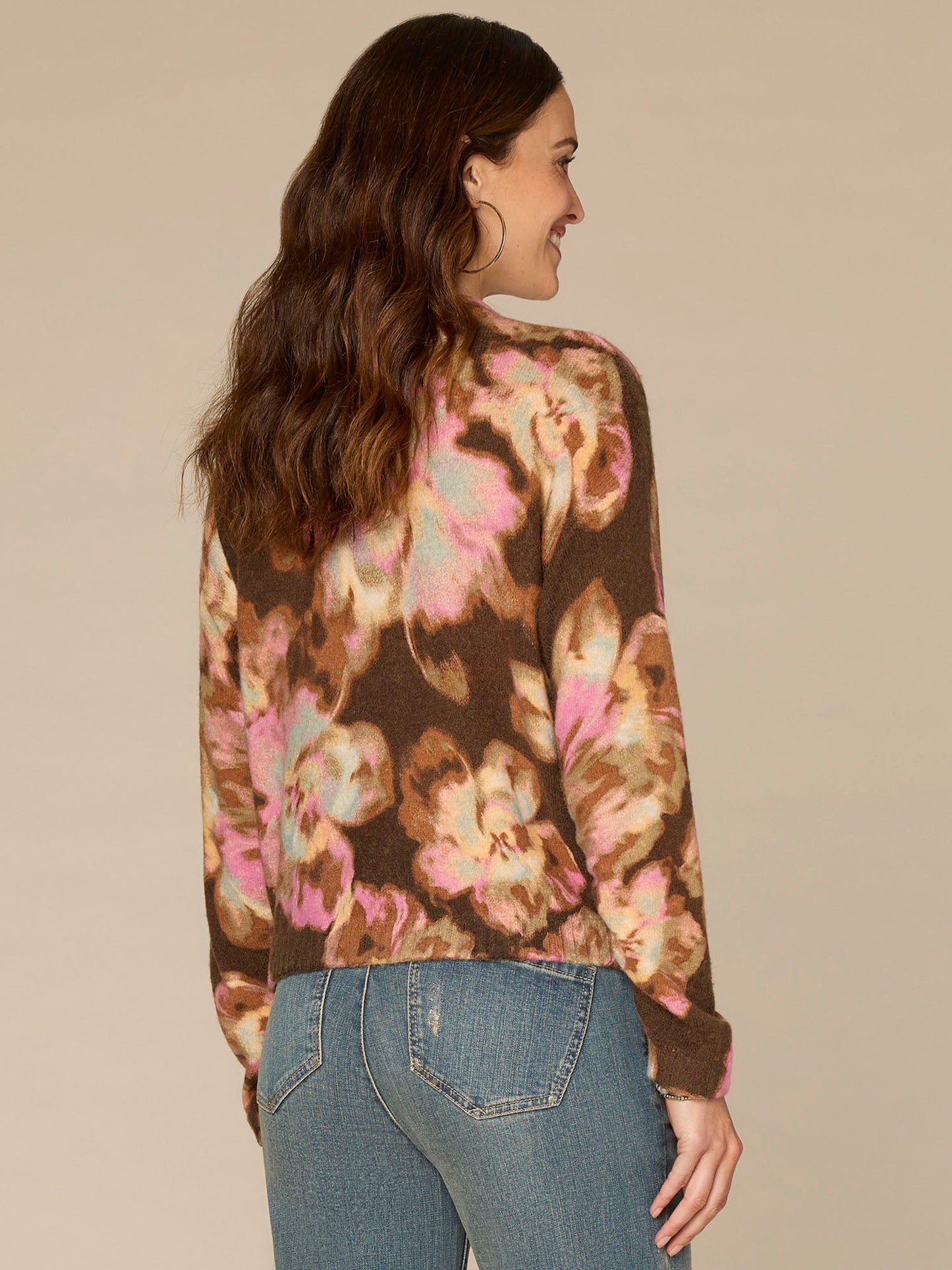 Long Ruched Sleeve Mock Neck Abstract Floral Print Plus Size Sweater