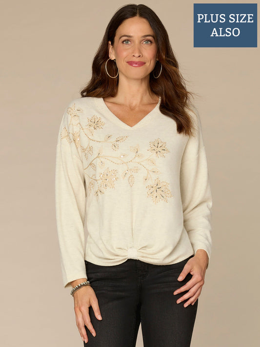 Long Sleeve V-Neck Knot Hem Beaded Plus Size Knit Top