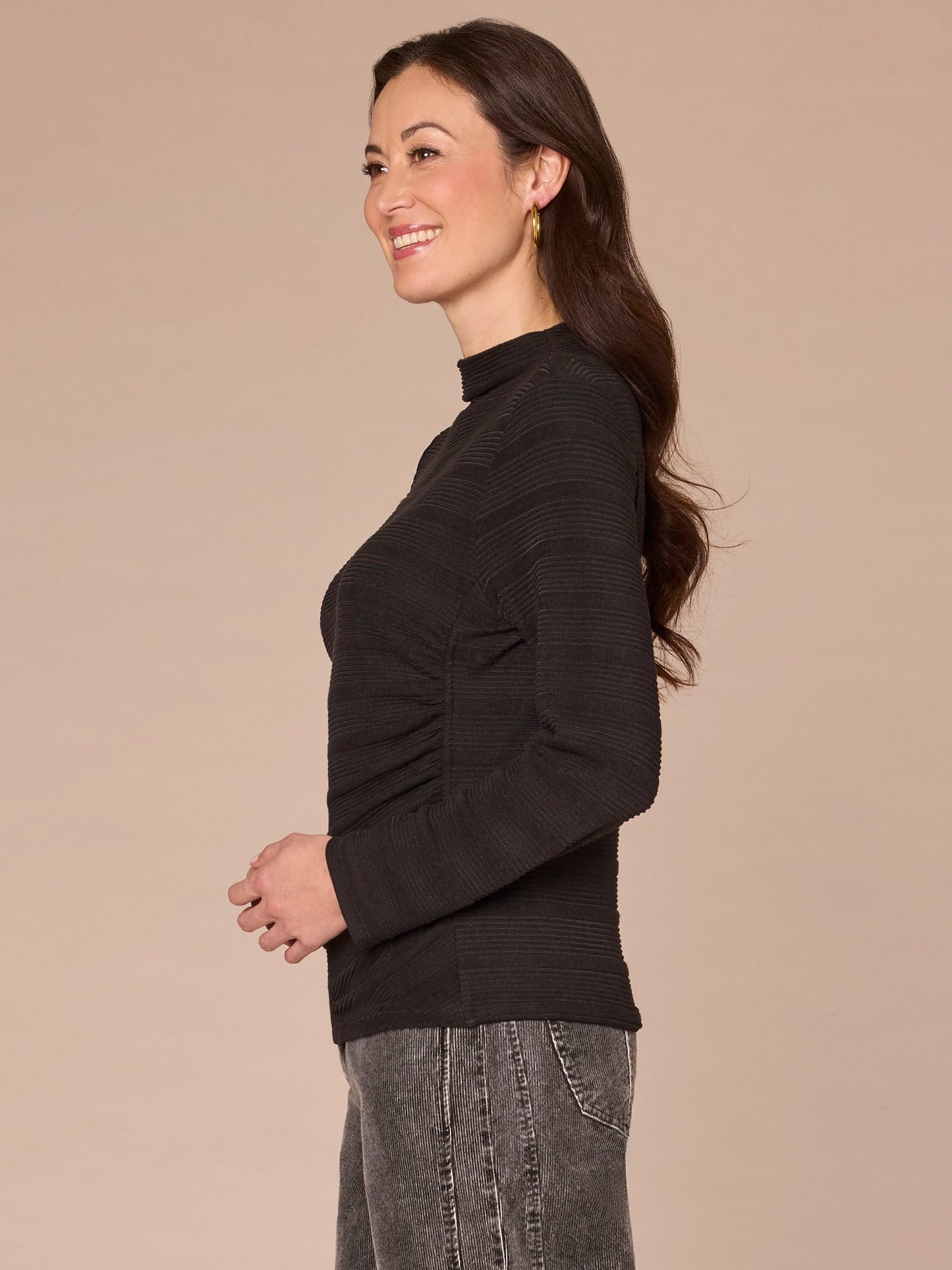 Long Sleeve Mock Neck Asymmetrical Side Ruching Plus Size Knit Top