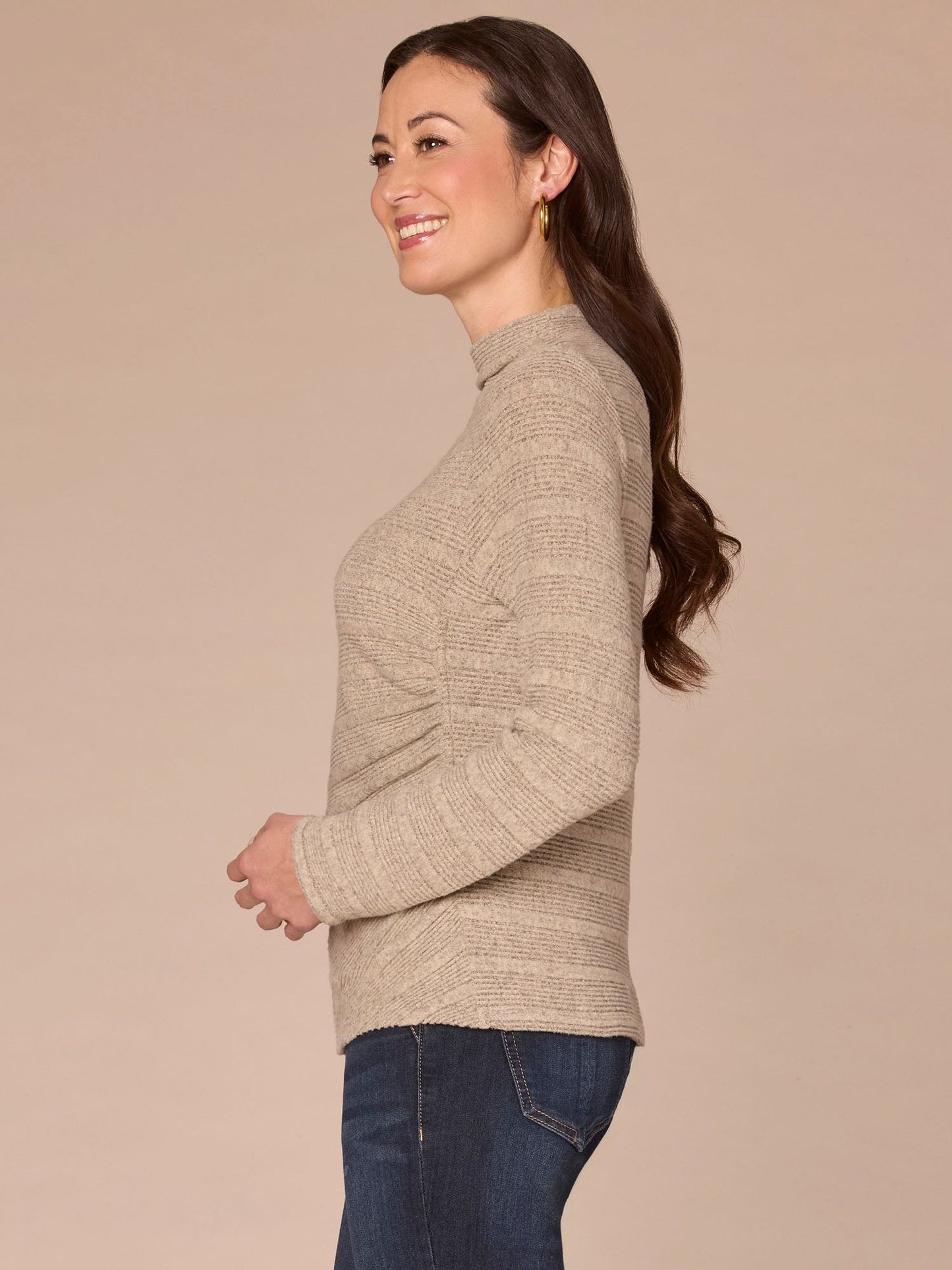 Long Sleeve Mock Neck Asymmetrical Side Ruching Plus Size Knit Top